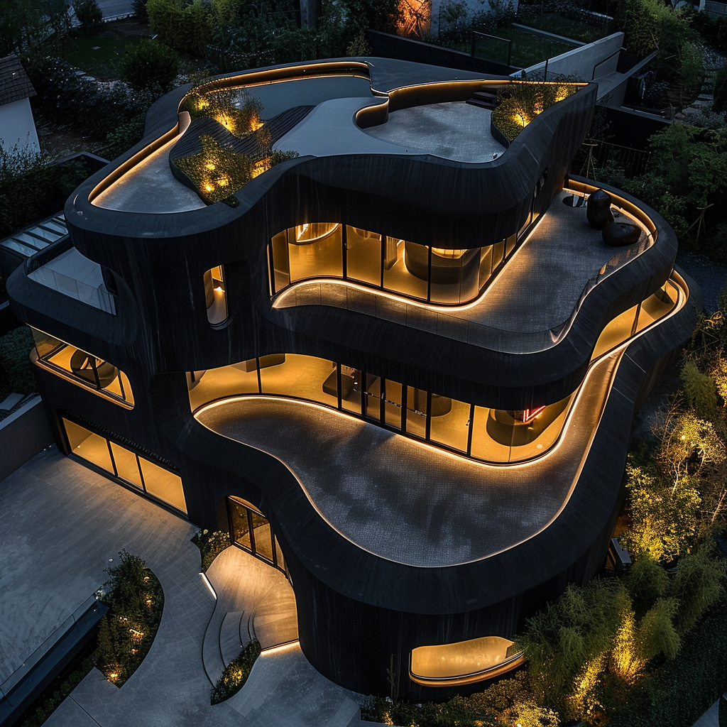 Aerial view black innovative house desertwave