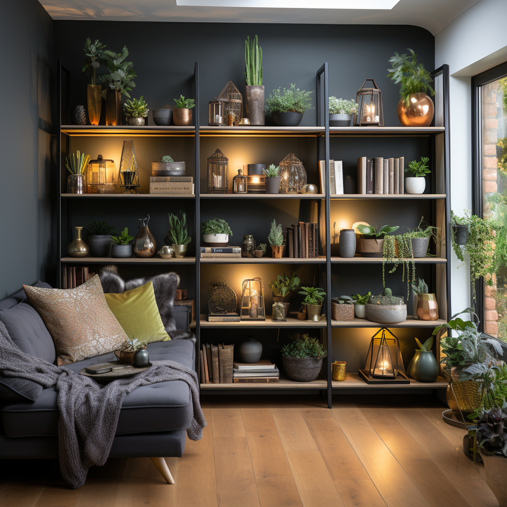 Black iron and wood bookcase shelves