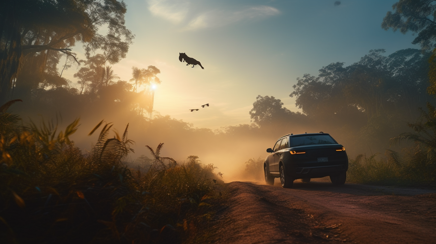 Black Jeep Compass with Lion Tamarin in Rainforest