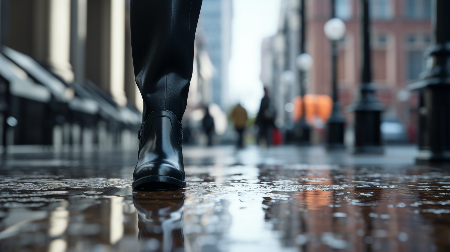 Elegant black knee-high ladies boot walking on wet sidewalk