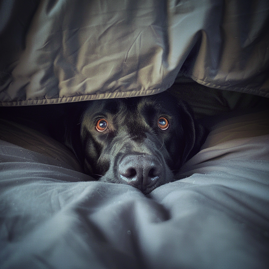 Cute black labrador under bed