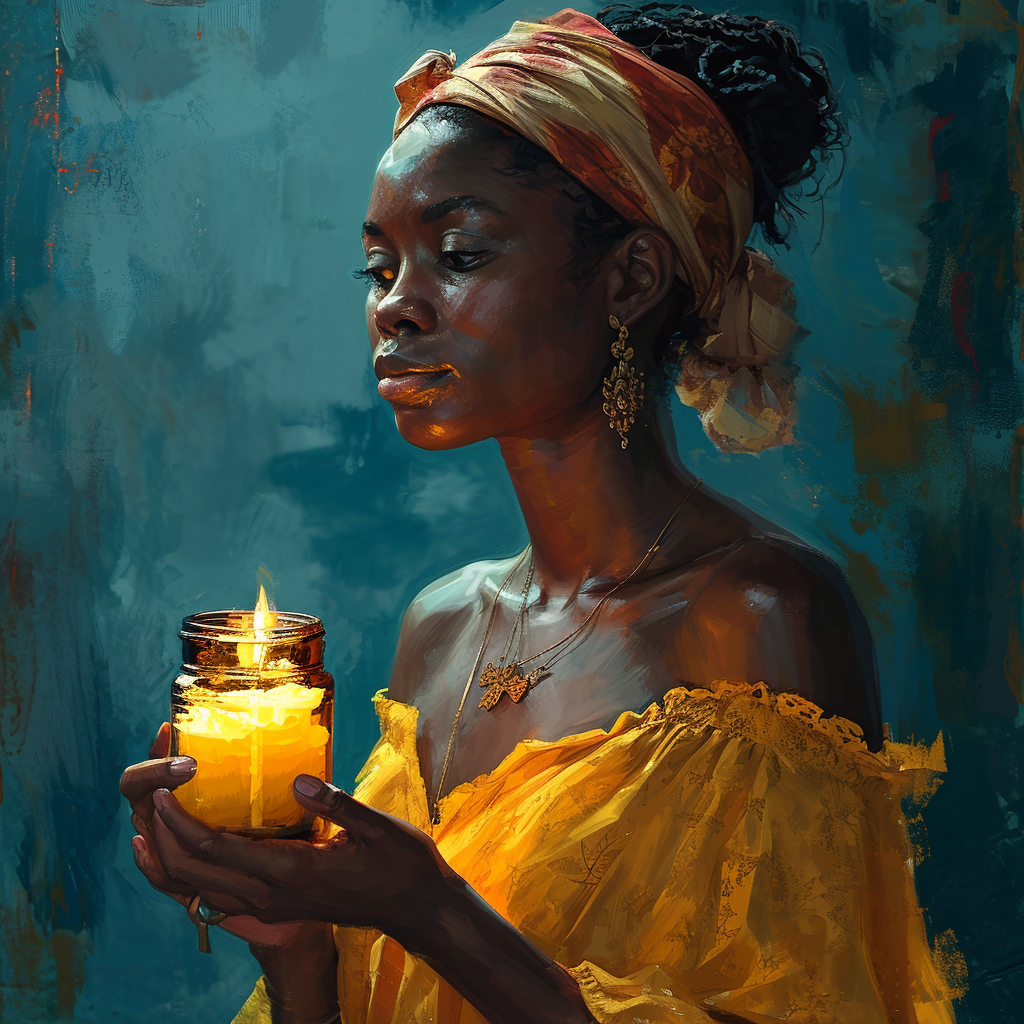 Black lady holding candle jar against modern background