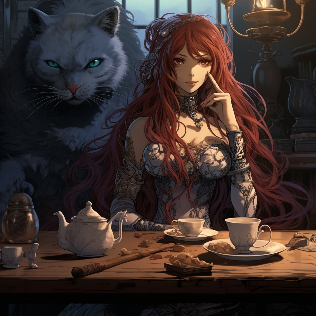 Elven Woman with Cheshire Cat Drinking Tea