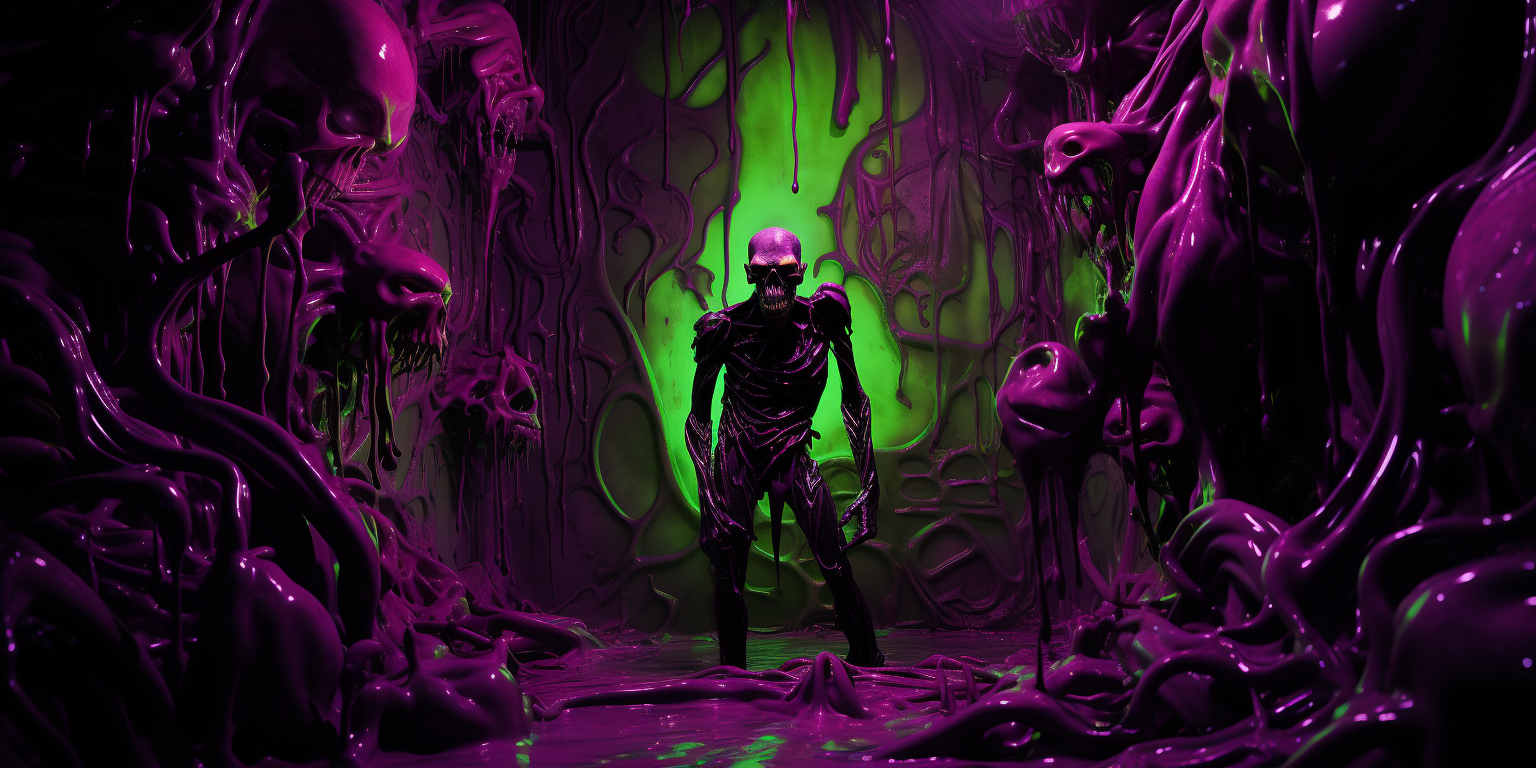 Vibrant black latex with demonic green and purple reflections