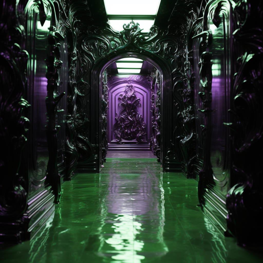 Shiny demonic gate with green and purple light reflections