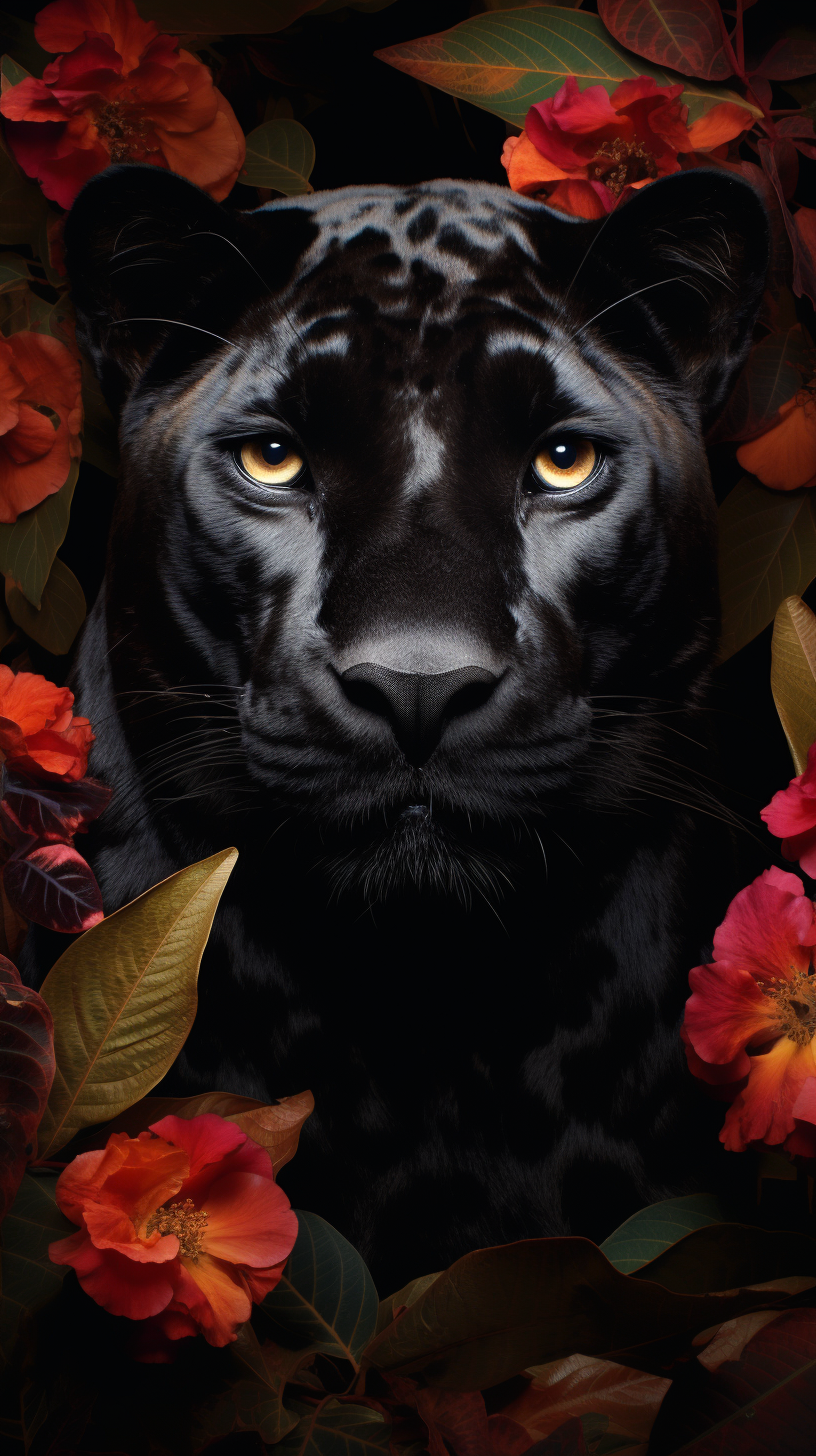 Beautiful black leopard with floral background