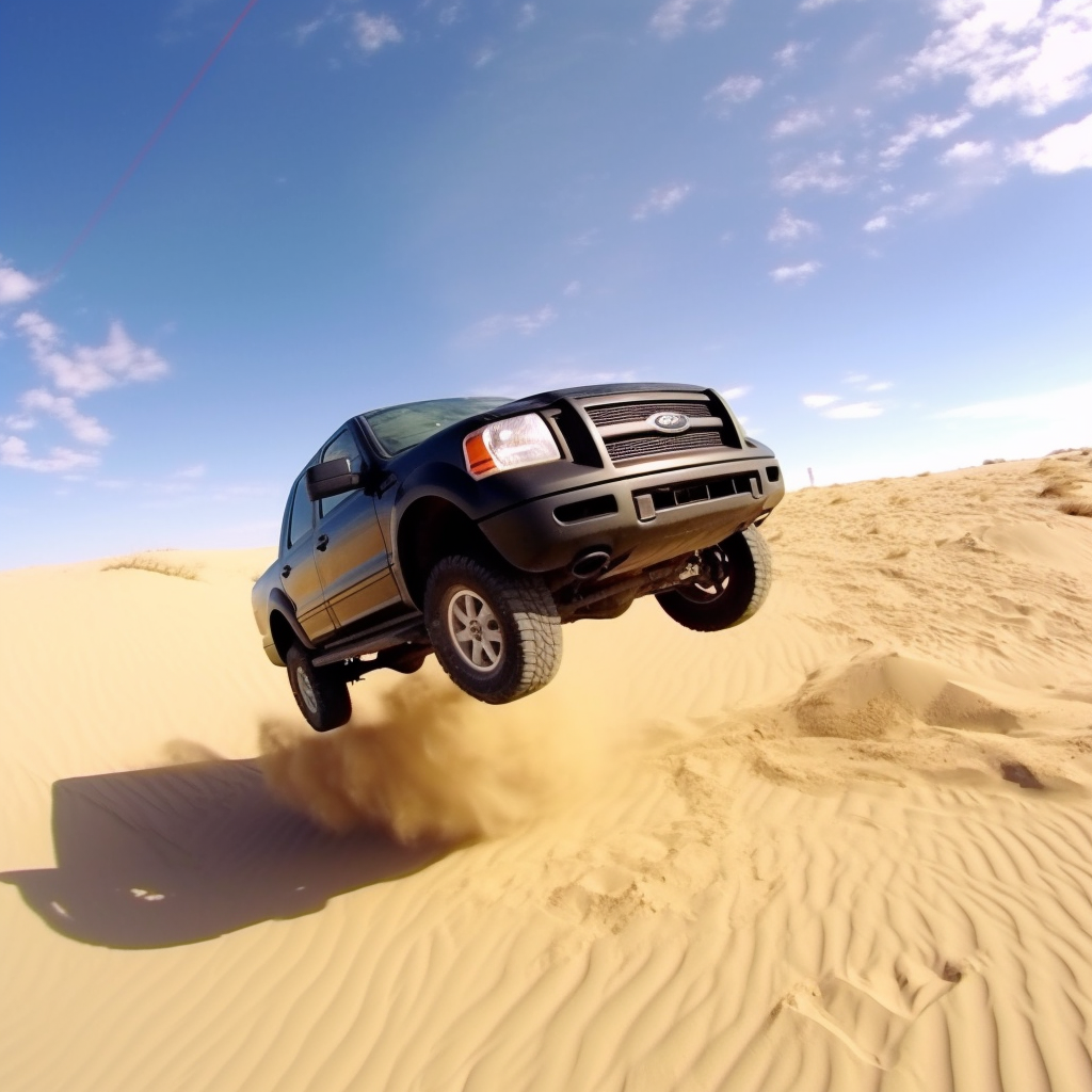 Black Ford Ranger Jumping Dune in Desert