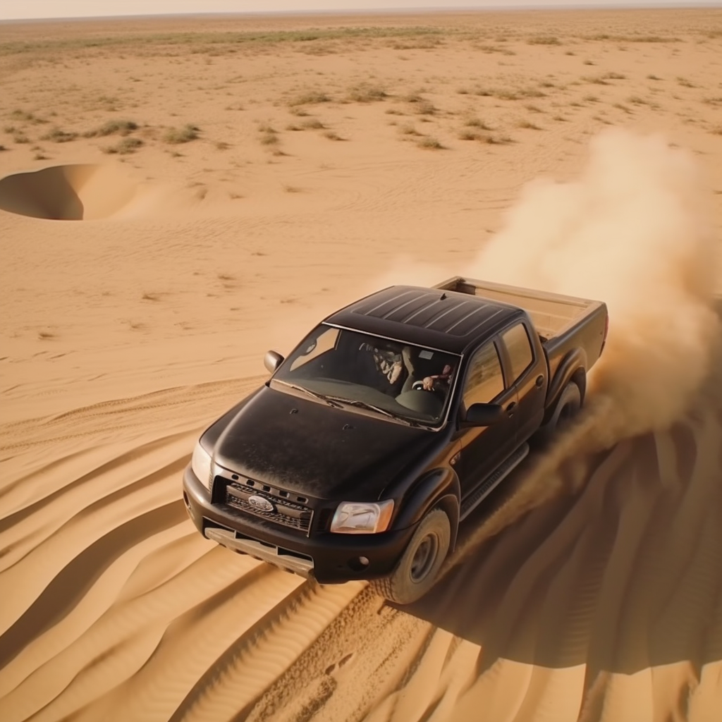 Black lifted Ford Ranger jumping dune in desert