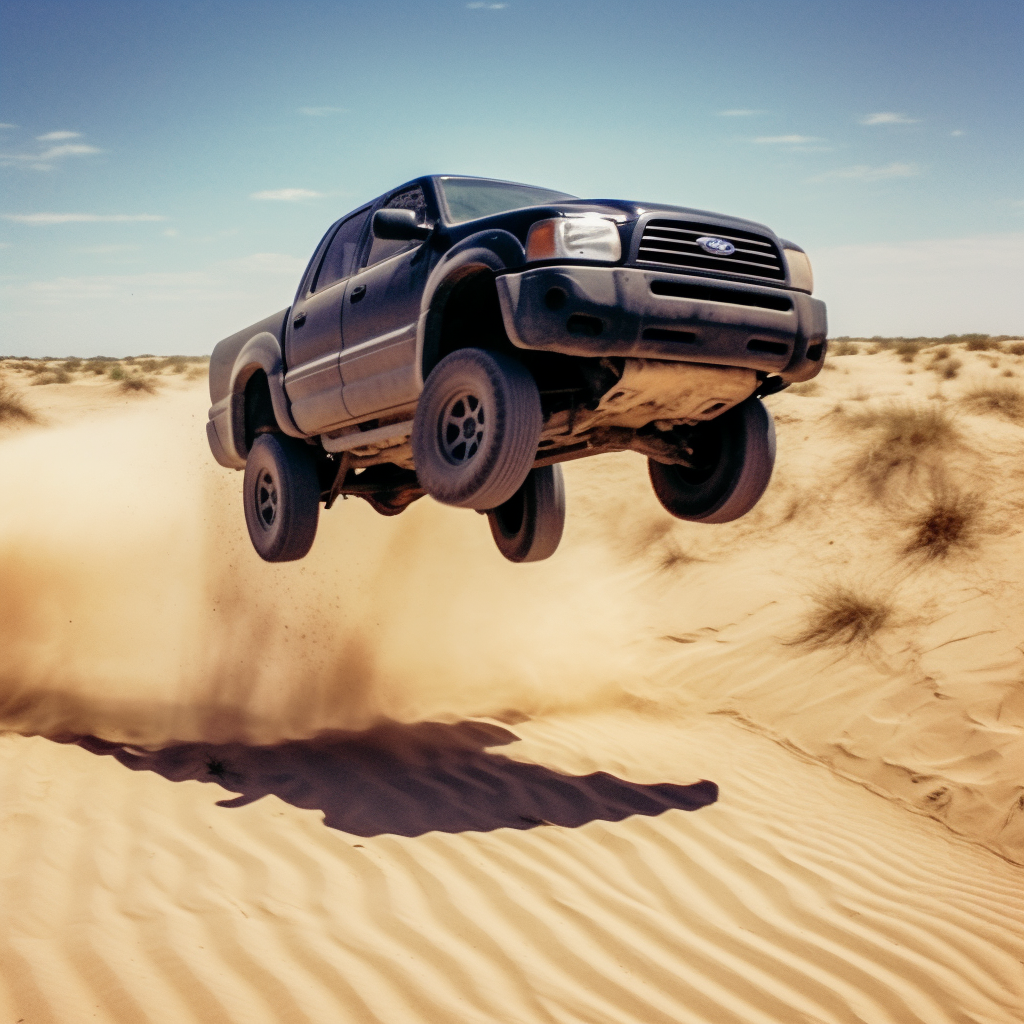 Black Ford Ranger jumping dune in desert