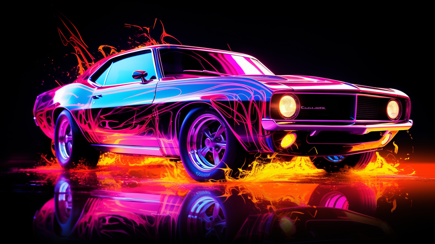 Sleek black muscle car under black light