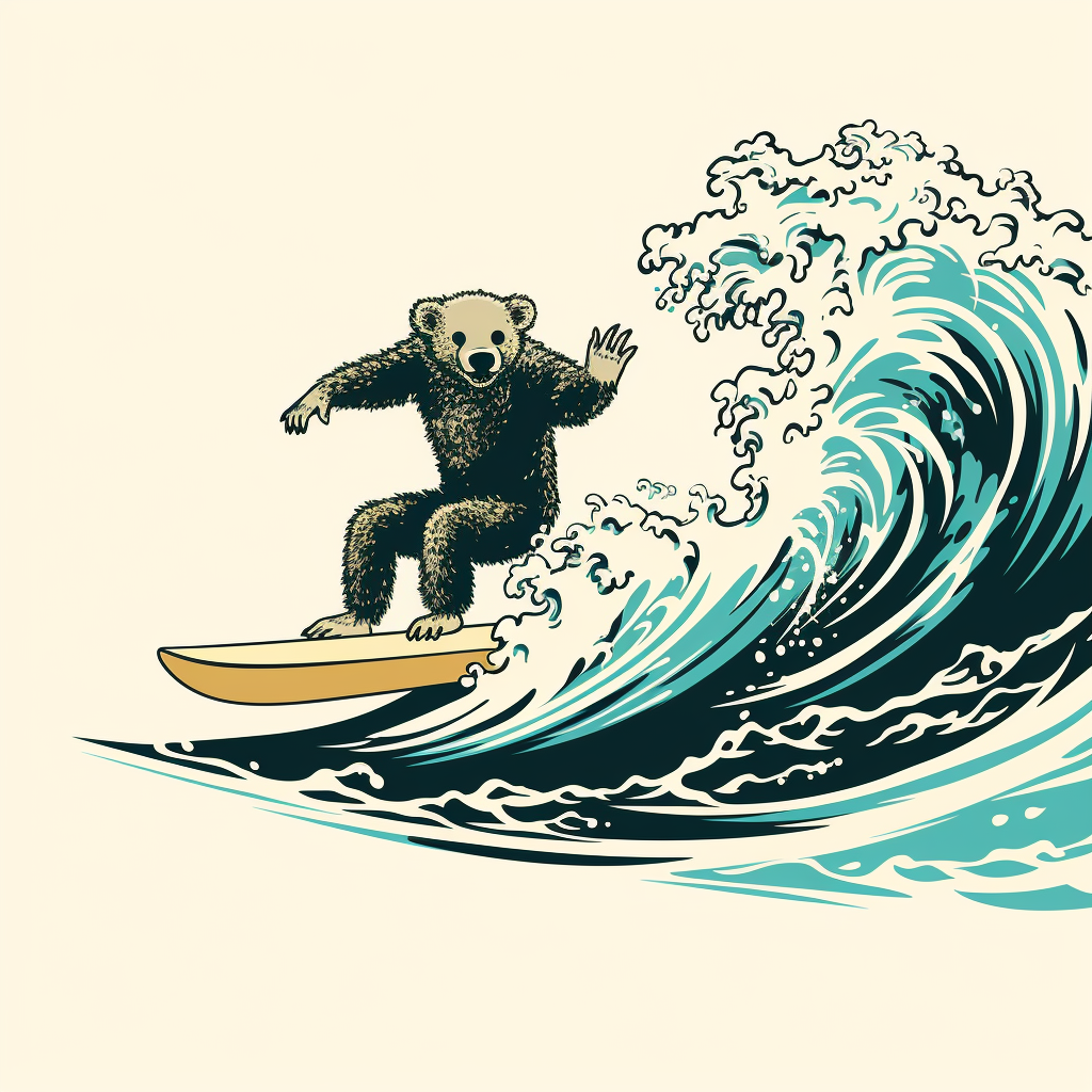 Black line drawing of a surfing koala