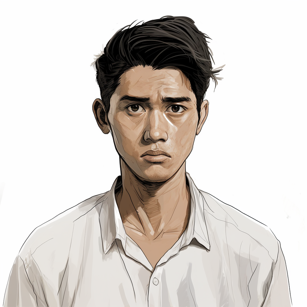 Cartoon drawing of intense Asian man