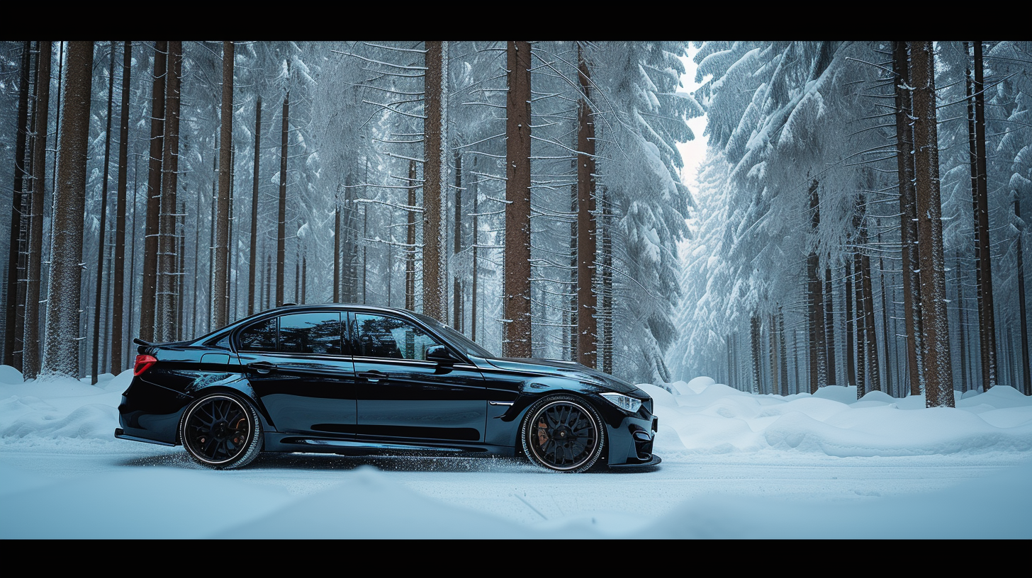 Black lowered BMW M3 sedan in snowy forest