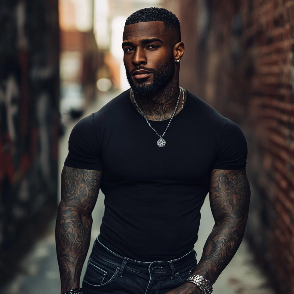 Black man with detailed neck tattoos