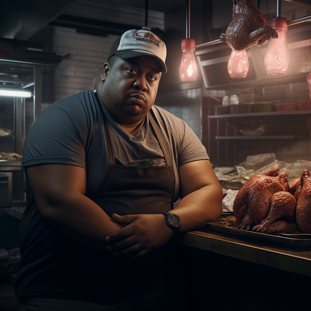 Image of a fat black man eating chicken