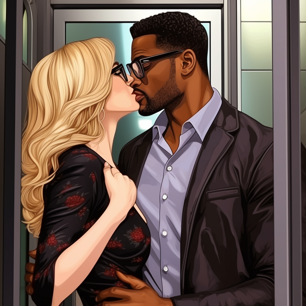 Black man kissing blonde woman goodbye