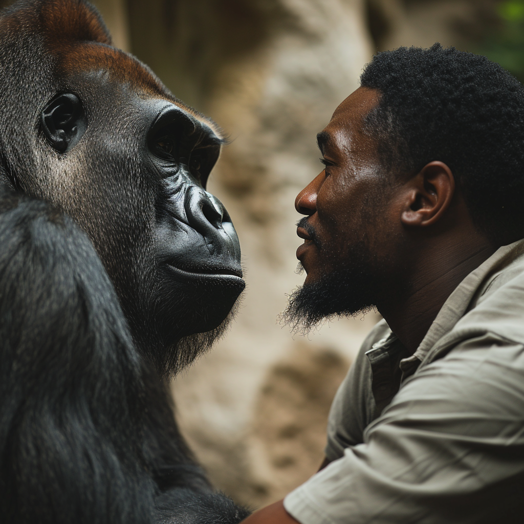 Black man standing next to a gorilla