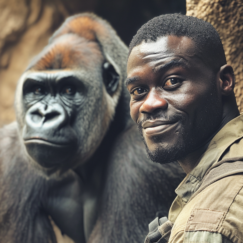 Black man standing next to gorilla at zoo