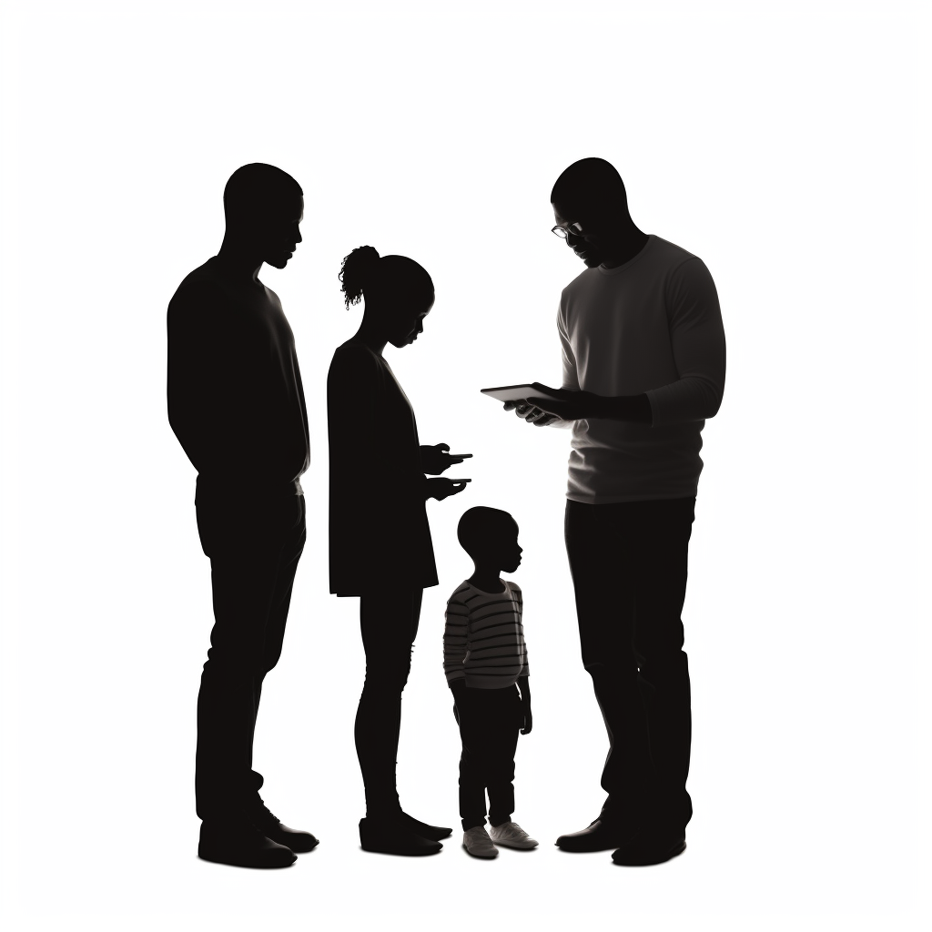 Silhouette of man holding iPad talking to family