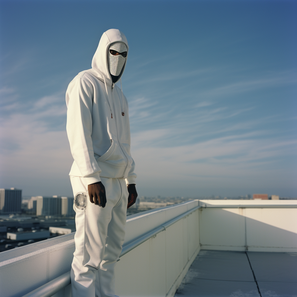 Black man wearing Japanese warrior hoodie on rooftop