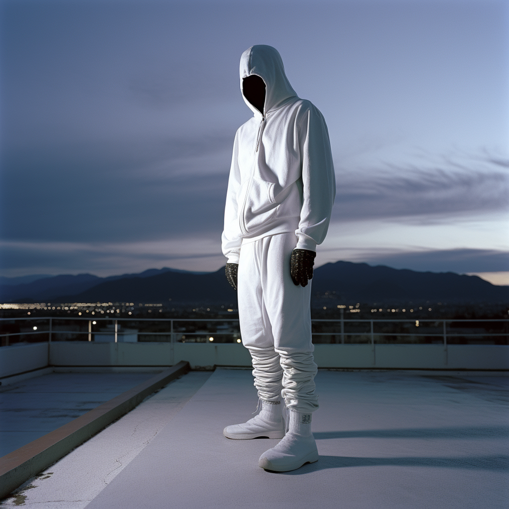 Black man in Japanese warrior mask on rooftop