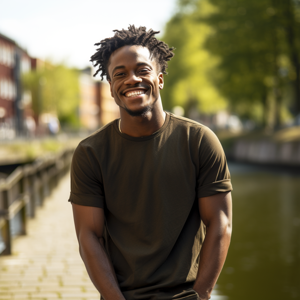 Black man smiling by river rail