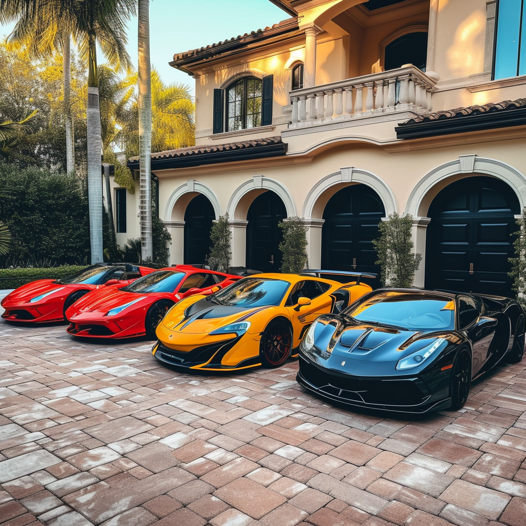 Wealthy black man surrounded by supercars