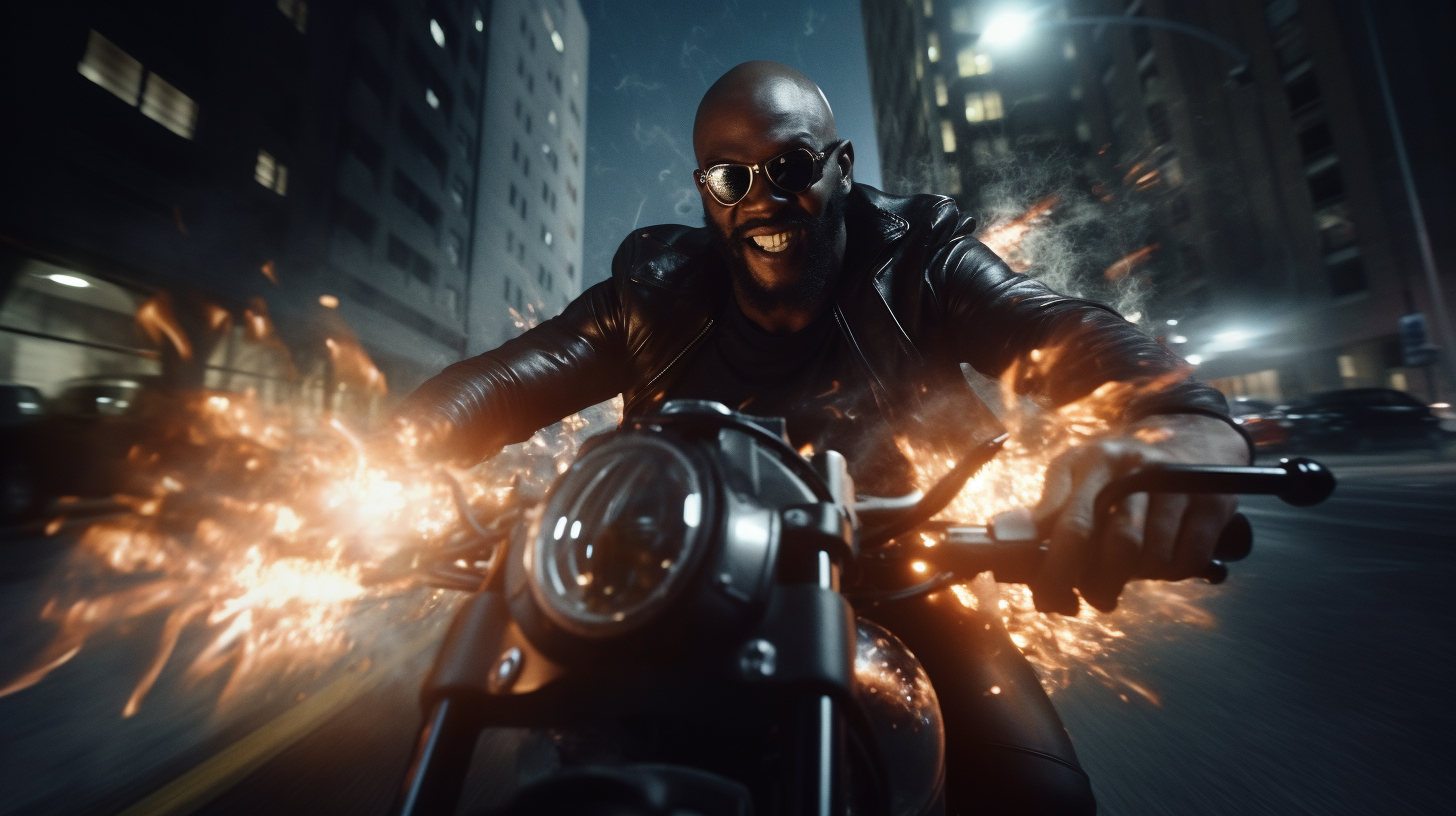 black man riding motorcycle in action