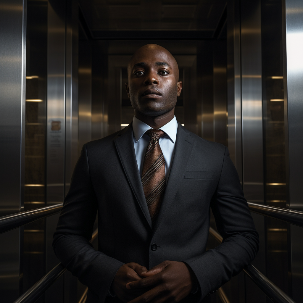 Black man in office elevator cables