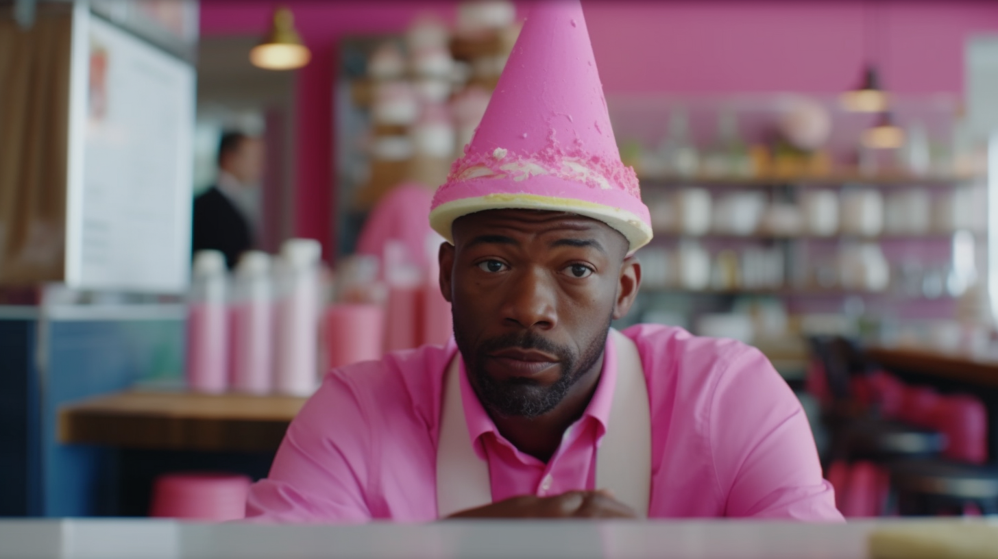 Black man with pink cake at suburban restaurant