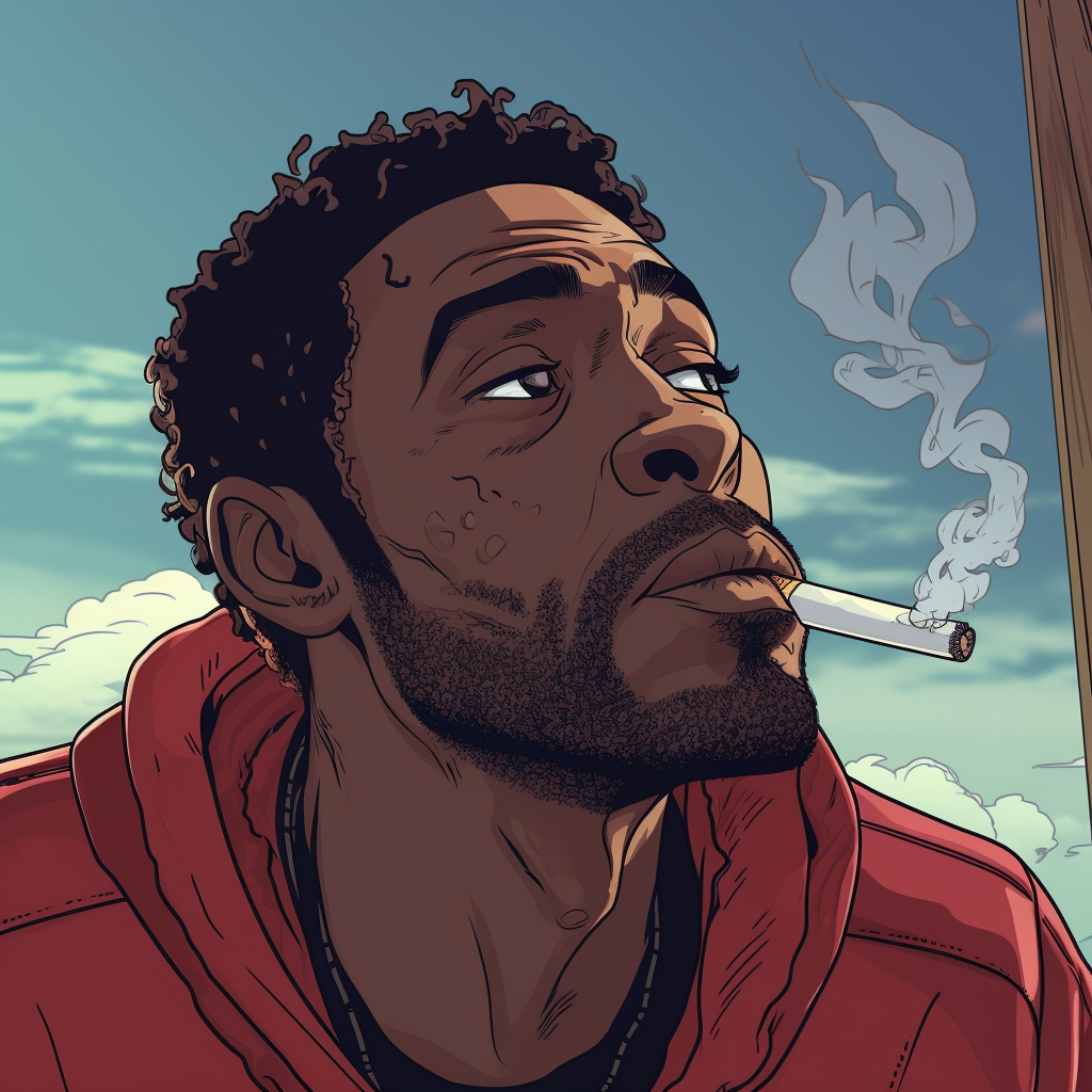 Black man smoking blunt pondering love cartoon