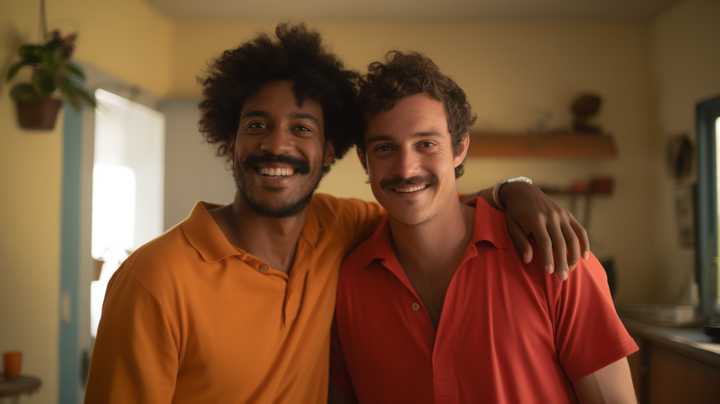 Smiling Black Man and Friend in Red Shirt