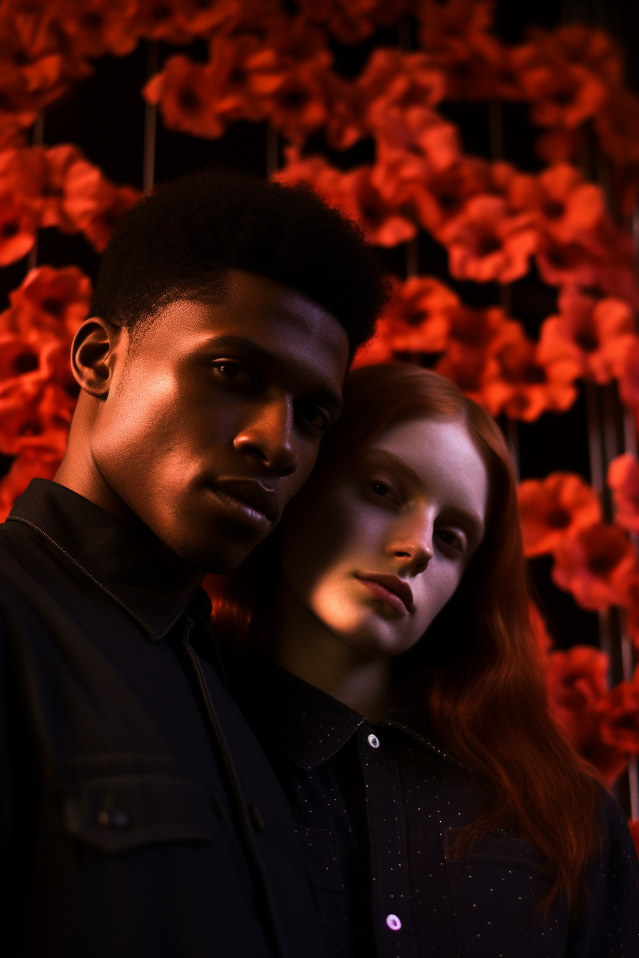 Black man and redhead woman with flowers