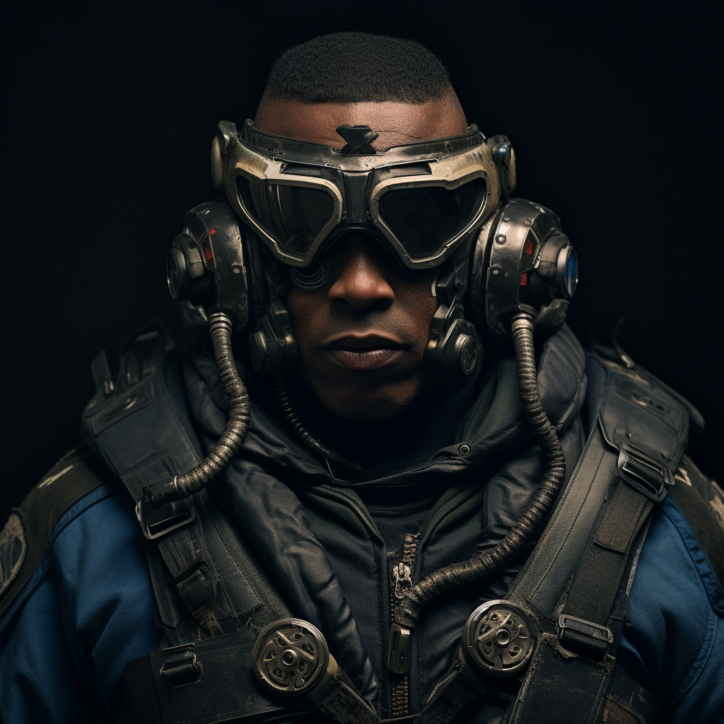 Black man wearing space marine mask