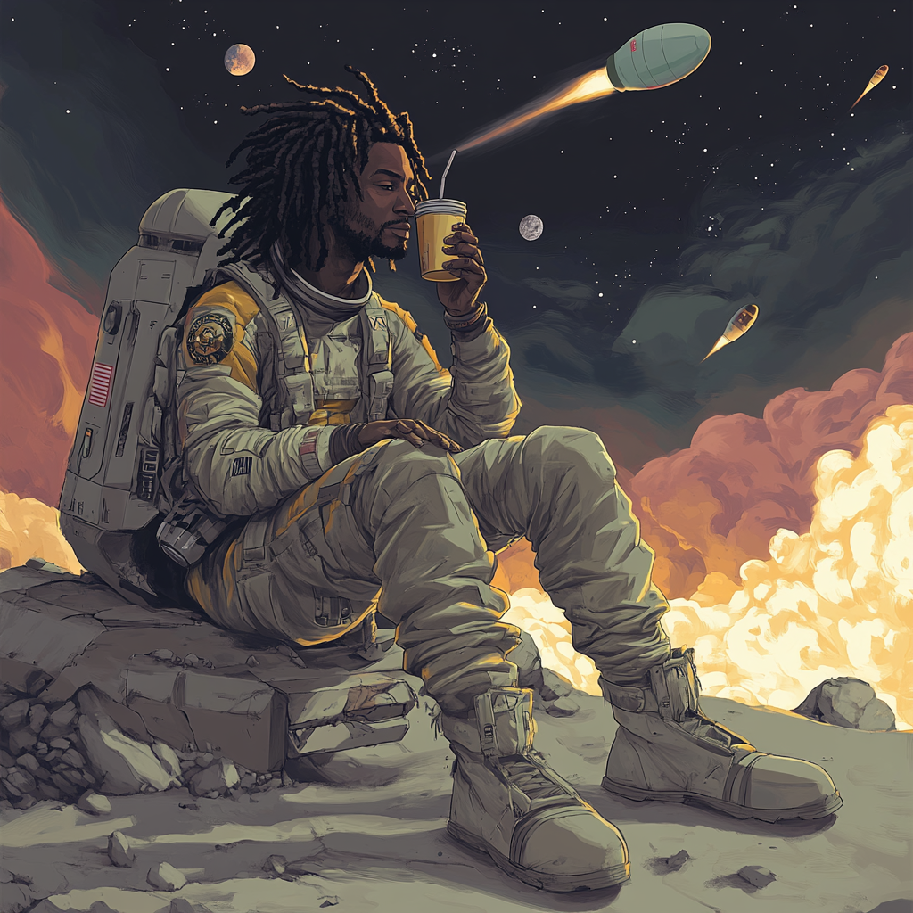 Black Man in Spacesuit Sipping Drink