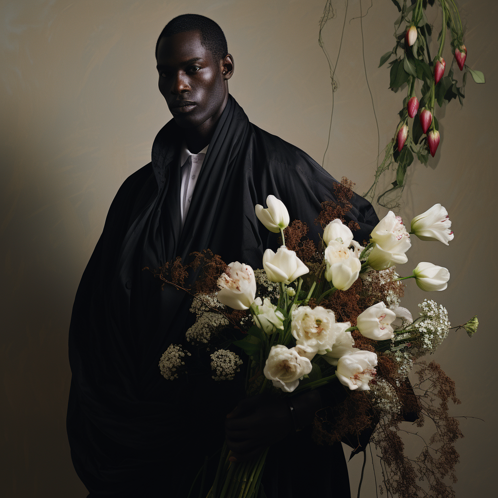 Black man in agbada with flowers