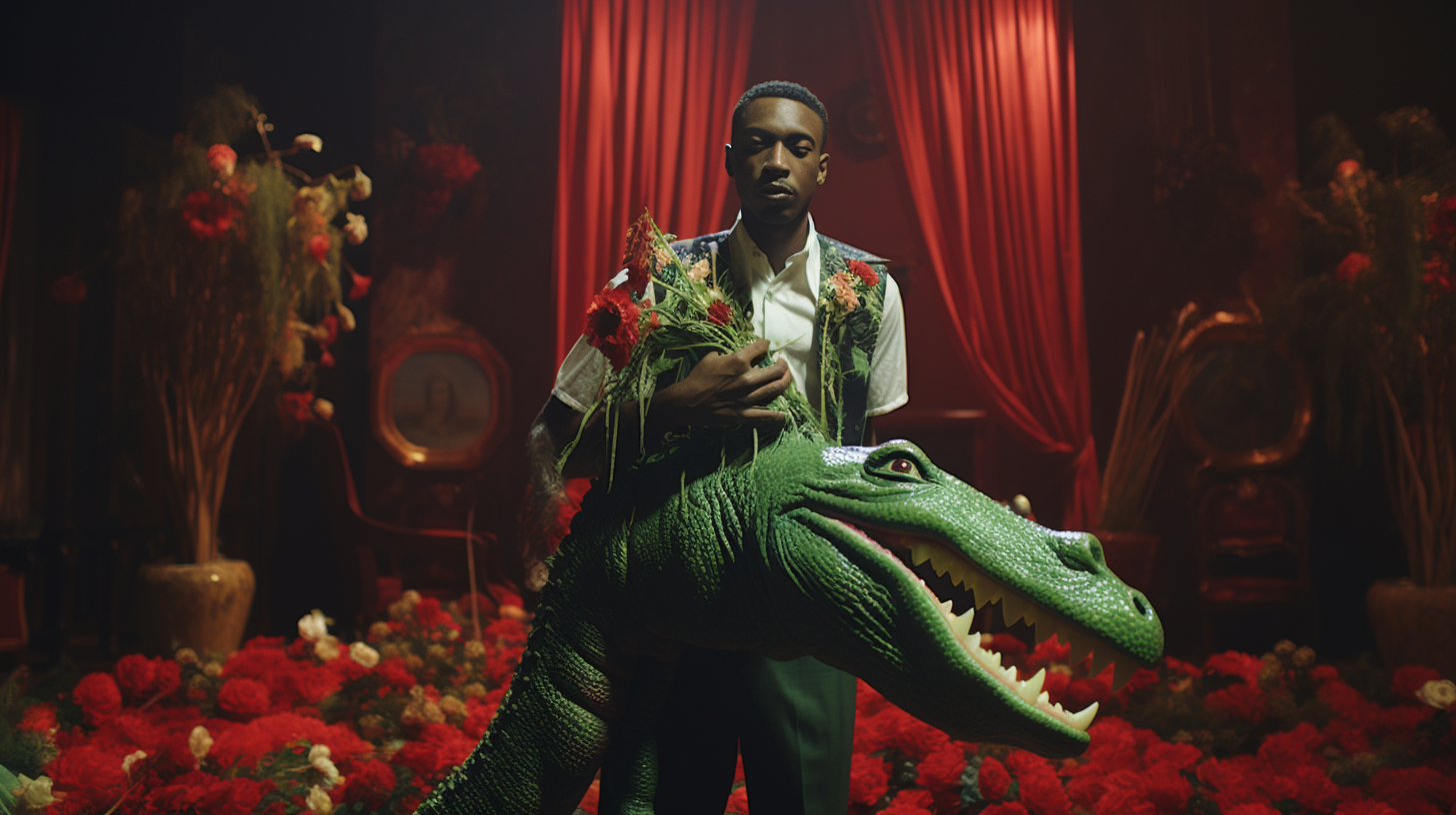 Stylish black man with alligator float in red room