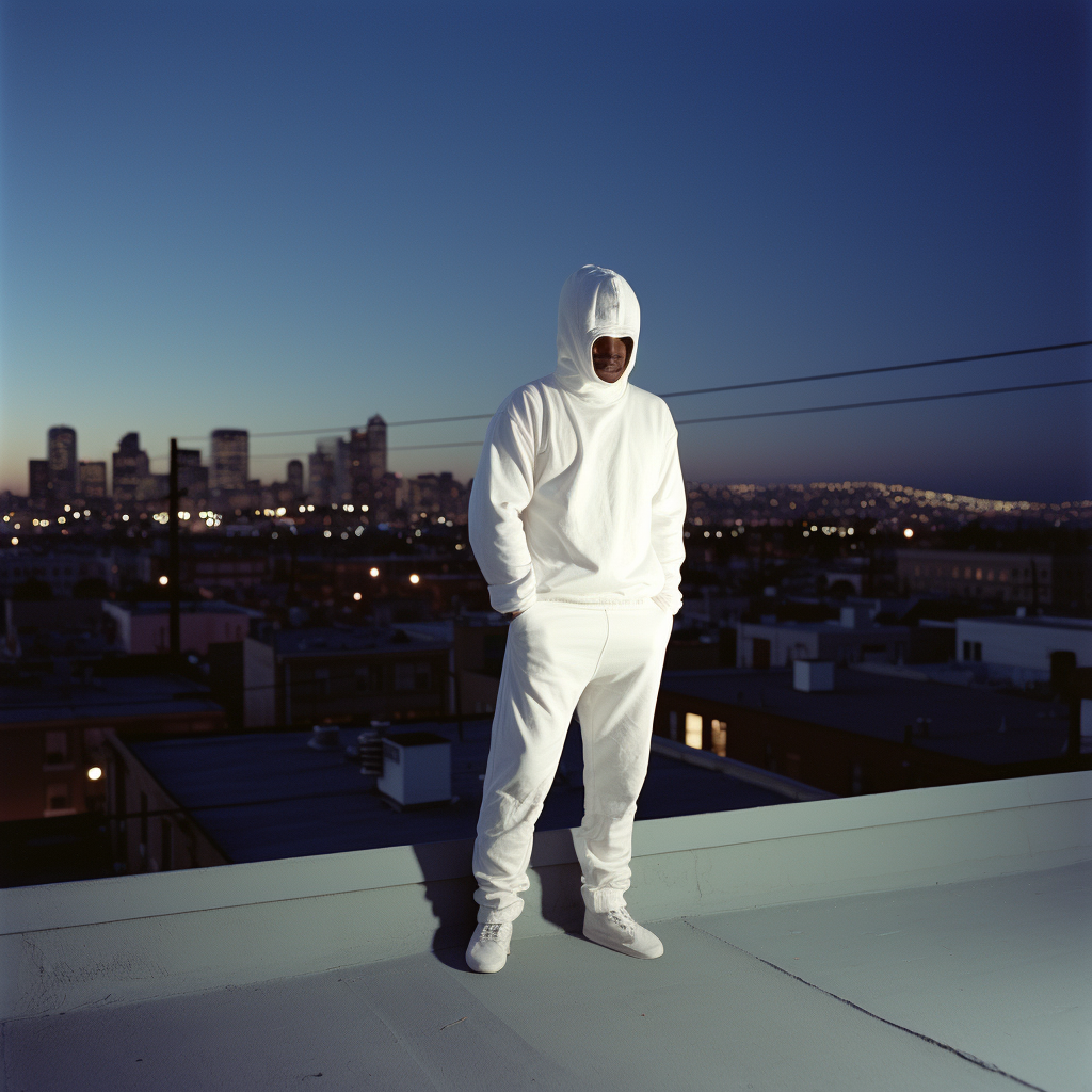 Black man in white hoodie with mask and hood