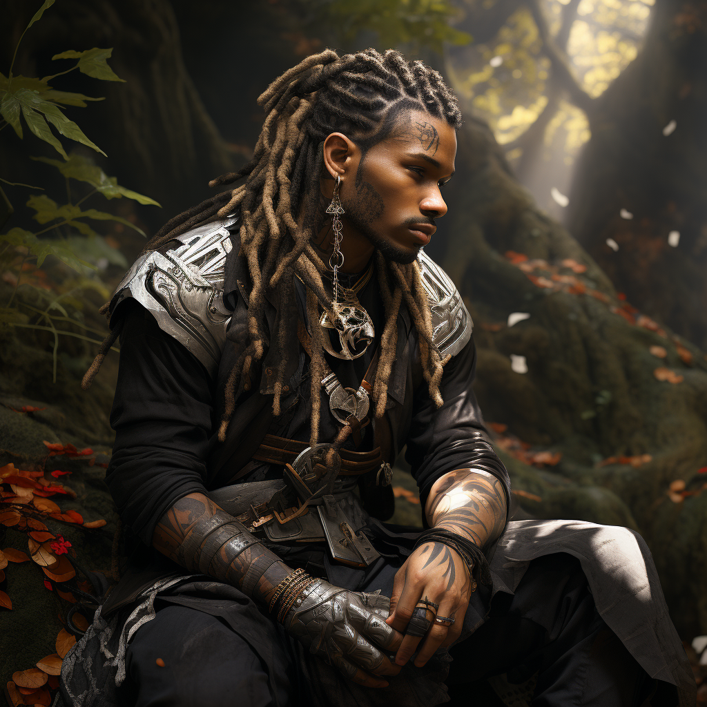 Confident black man with undercut dreads in forest