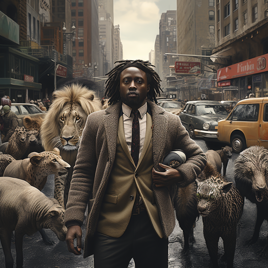 Black man walking in street with wild animals