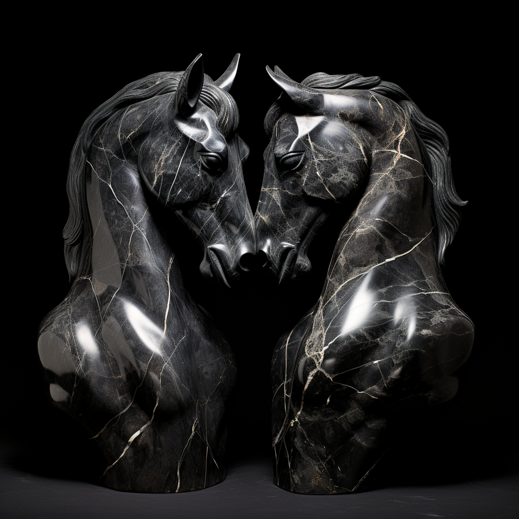 Two black marble horse heads