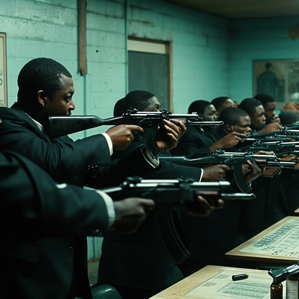 Black men learning tactical strategy with automatic rifles