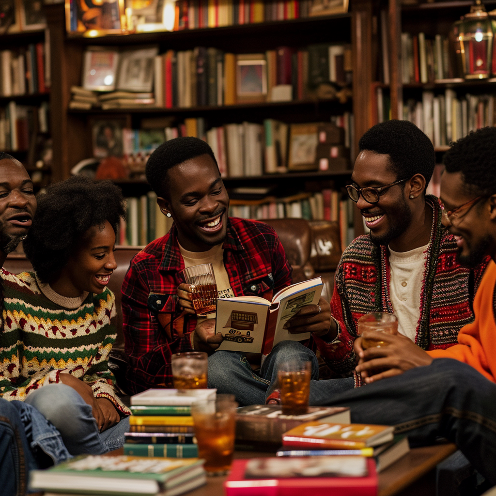 Smiling black men and women reading books