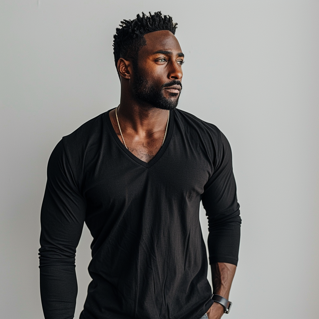 Black Men's V-Neck Cotton Shirt