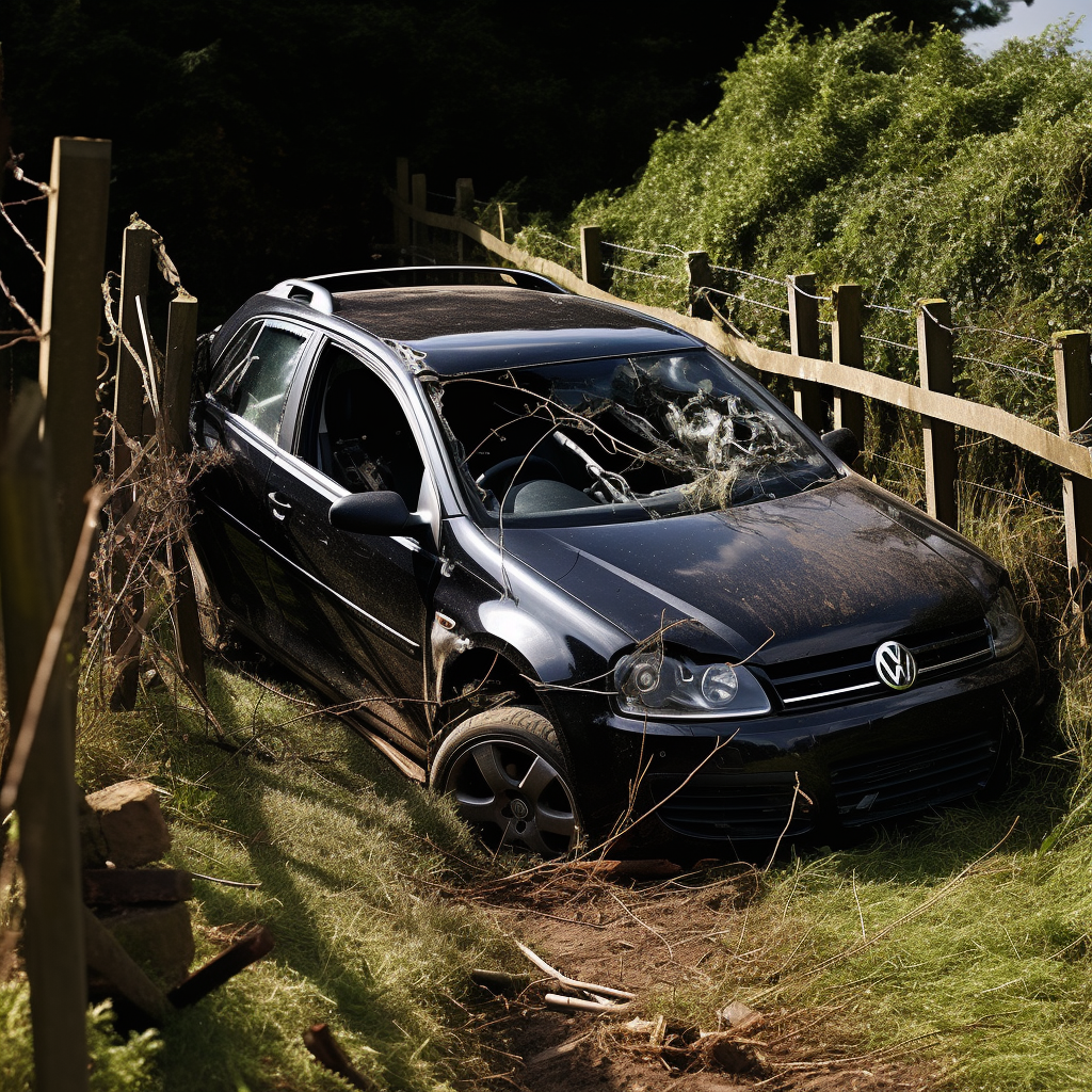 Black VW Golf 2006 crashed in roadfence