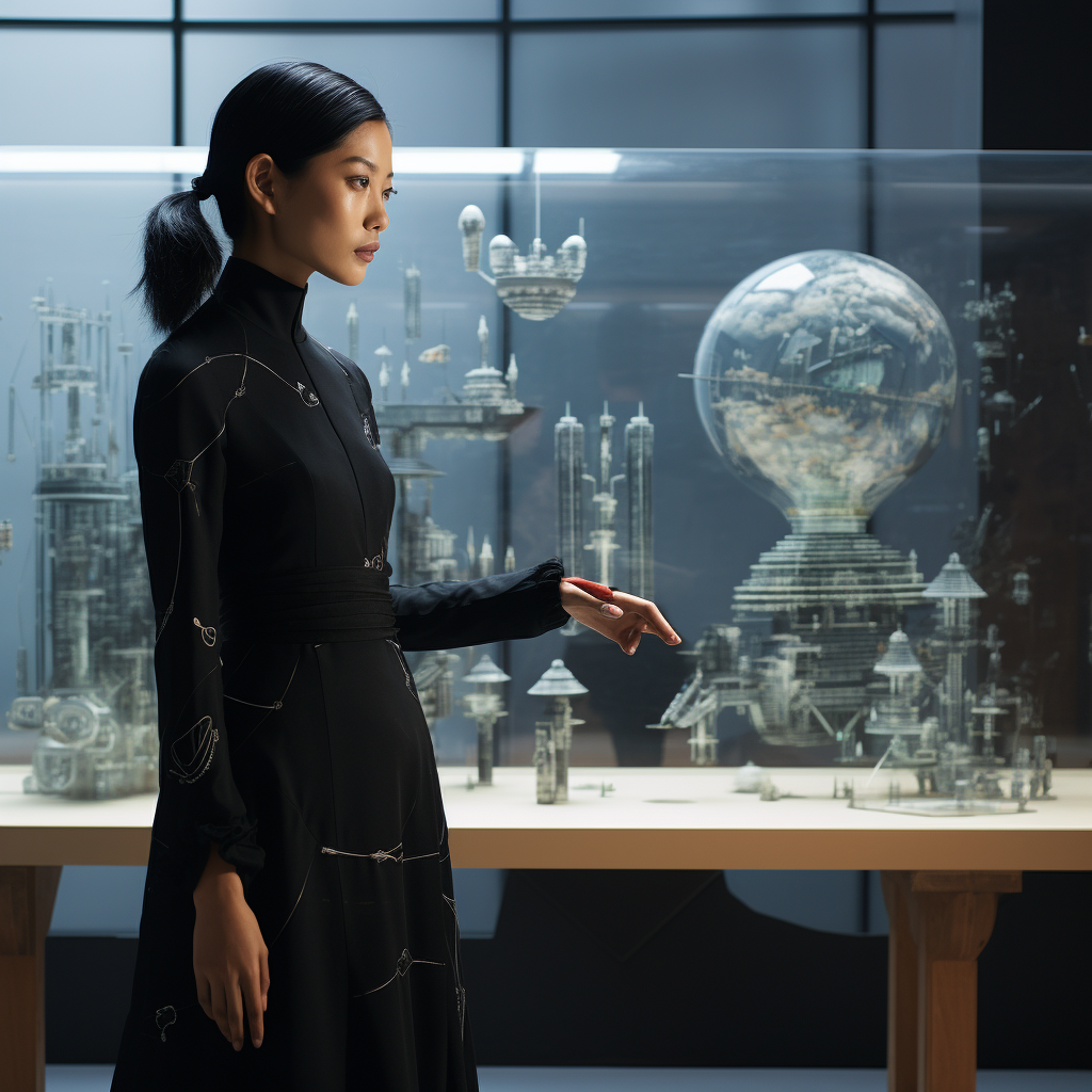 East Asian female in black midi dress looking at industry design model