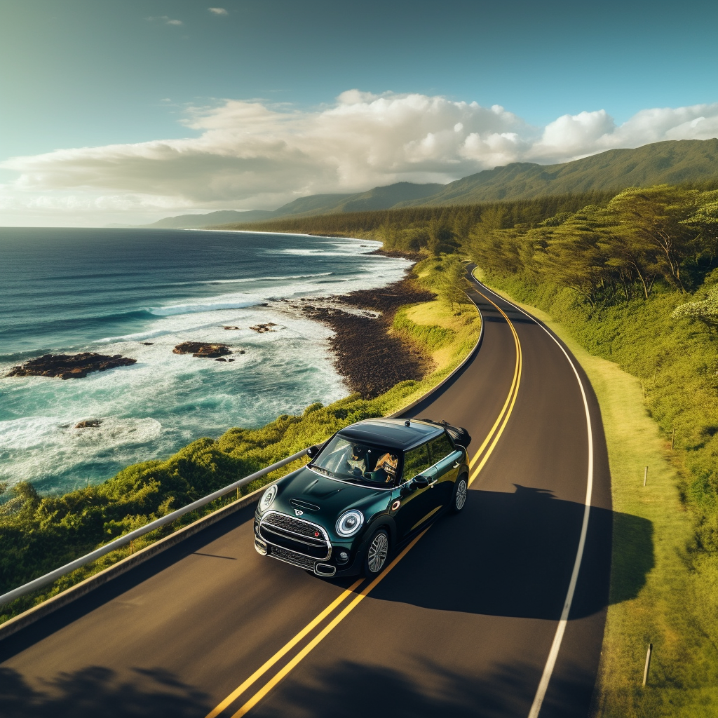 Black Mini Cooper S Convertible Driving on Coast