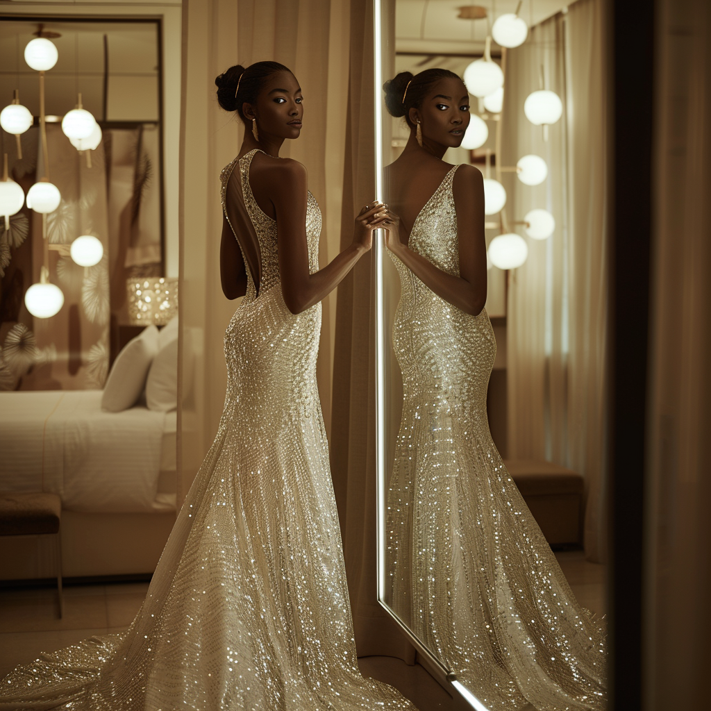 Black model in white wedding dress