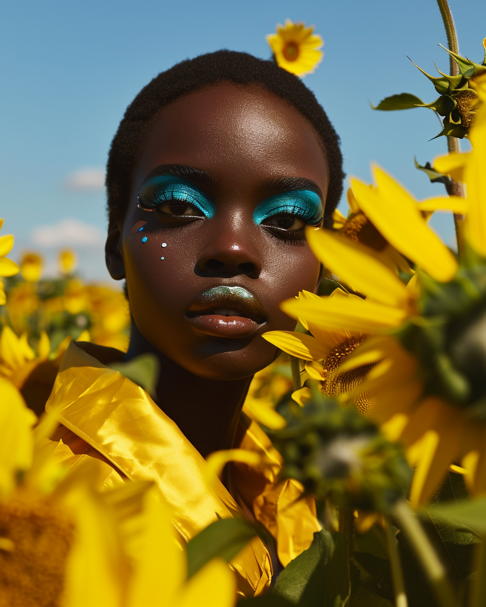 Beautiful black model wearing yellow clothes and striking makeup