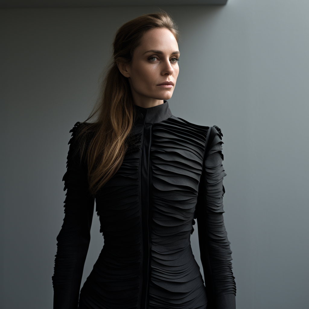 Woman wearing stylish black modern textured clothing